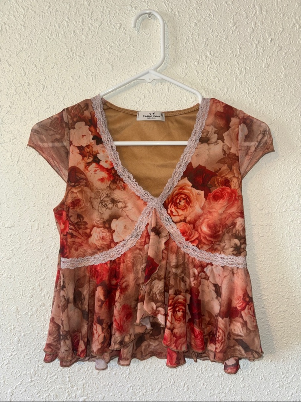 Floral Lace-Trim V-Neck Blouse in Rose Multi